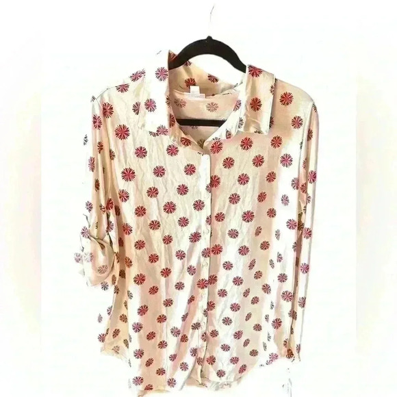 Large Lularoe Valentina button down blouse. NWT. Cream, red black.Pom Pom design - Picture 1 of 7